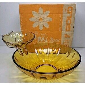 MCM Hazelware Brockway Gold Glass LYRIC Pattern Chip 'N Dip 3 Piece Set with Box